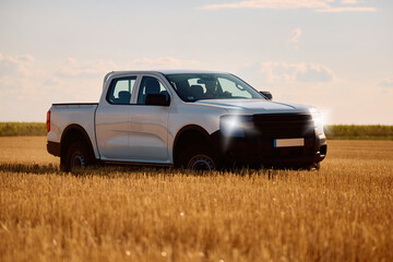 Fototapeta premium White pick-up truck with farmer in field.