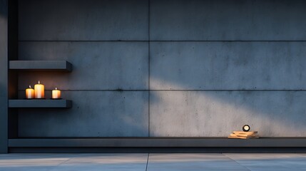 Modern concrete wall with shelves and candles.