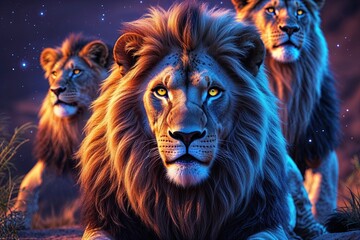 Fototapeta premium Vibrant Design of a Radiant Lion Pride with Enchanting Glow