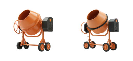 Construction equipment action concrete mixers in industrial setting machinery urban environment side building concept. Cut out set png