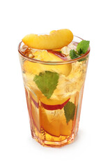 Refreshing iced peach tea in glass isolated on white