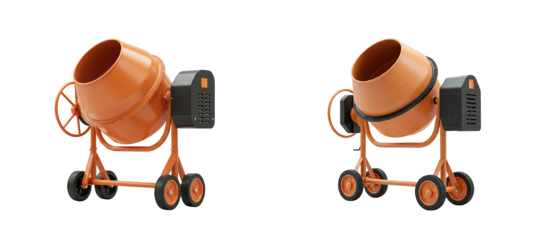 Construction equipment action concrete mixers in industrial setting machinery urban environment side building concept. Cut out set png