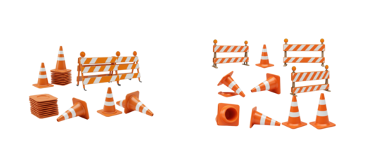 Construction safety equipment display urban location product studio environment traffic management concept. Cut out set png