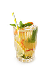 Tasty iced tea with peach, lemon and mint isolated on white
