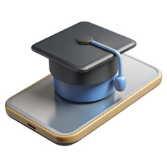Glossy 3D Icon of Graduation Cap on Glowing Smartphone Screen in Black and Silver Plastic Representing Mobile Learning, E-Learning, and Digital Education