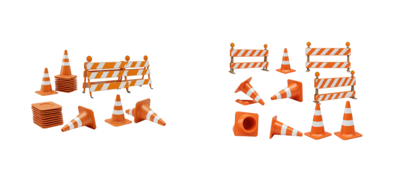 Construction safety equipment display urban location product studio environment traffic management concept. Cut out set png