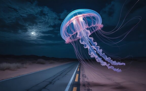 Surreal jellyfish floats over a desert road under a starry night sky