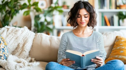A woman enjoys a peaceful moment reading a book on a comfortable sofa in her home.