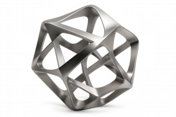 Precision-engineered metallic lattice spinning with geometric complexity, representing innovative technological design against clean transparent backdrop