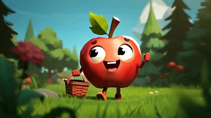 cute cartoon playful apple with basket in summer garden, 3d animation