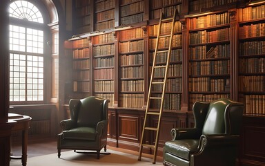 Historic library interior with tall bookcases and ladder