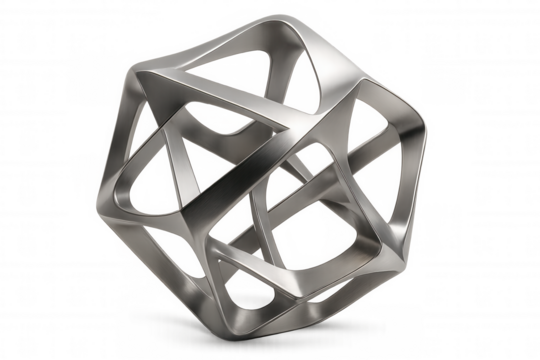 Precision-engineered metallic lattice spinning with geometric complexity, representing innovative technological design against clean transparent backdrop