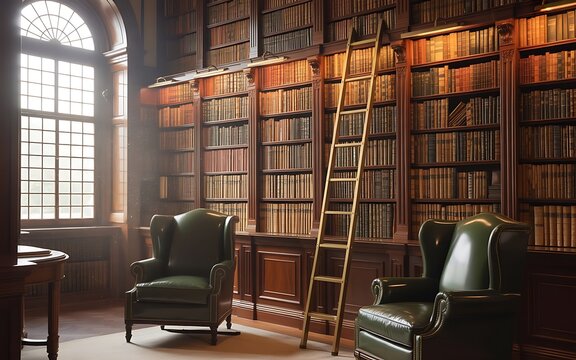 Historic library interior with tall bookcases and ladder