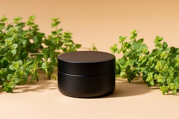 Black cosmetic jar surrounded by green leafy plants on a beige colored surface
