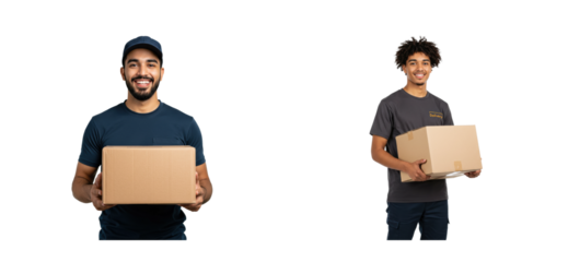 Delivery action warehouse location portraits of two men holding boxes indoor environment front logistics concept. Cut out set png
