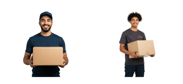 Delivery action warehouse location portraits of two men holding boxes indoor environment front logistics concept. Cut out set png