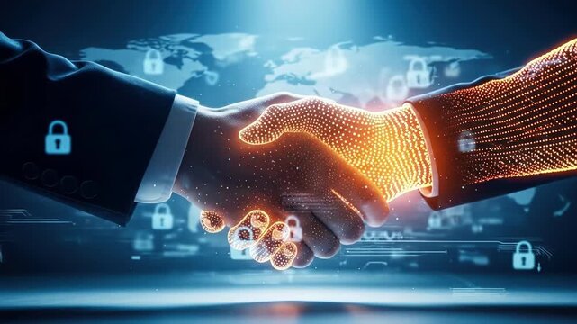 A digital handshake secures global data Padlocks surround partnership showing agreement trustworthiness and protection Trust is established between businesses