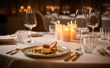 Fototapeta premium Elegant table setting with gourmet food and glowing candles for a romantic dinner