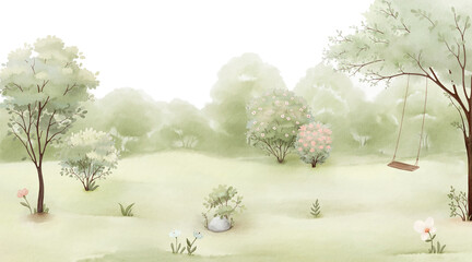 Green landscape, watercolor panoramic template meadow in forest with tree swing for your design wallpapers, background or cover. Hand drawn illustration. © Nikole
