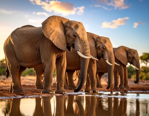Fototapeta premium Elephants at a watering hole at sunset