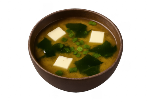 Steaming miso soup with tofu and wakame seaweed in brown bowl on transparent background