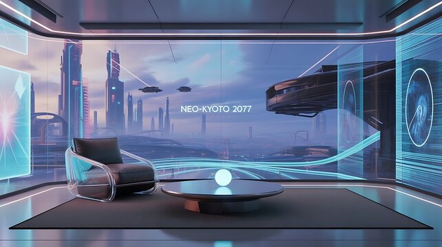 Futuristic interior with a view of a neon lit cityscape and flying vehicles