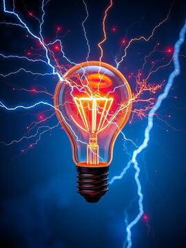 Striking futuristic visual of a light bulb with dynamic branching electric sparks and lightning bolts in vibrant colors on a transparent background representing the power and energy of electricity