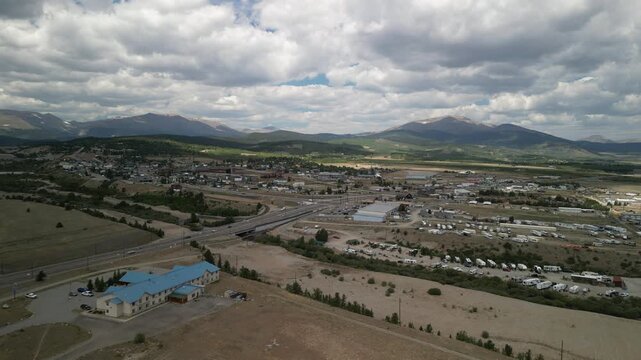 Aerial of small mountain town of Fairplay Colorado in summer