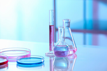 Laboratory glassware with different samples on light table, closeup