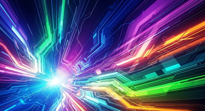 Futuristic Neon Light Burst in Rainbow Colors, Abstract Technology Speed Lines Converging to Bright Center
