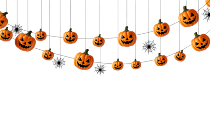 Halloween Jack-o'-Lantern Garland with Hanging Pumpkins and Spiders on transparent background