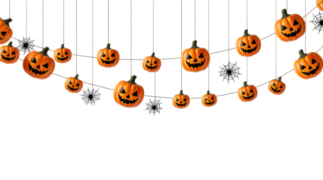 Halloween Jack-o'-Lantern Garland with Hanging Pumpkins and Spiders on transparent background