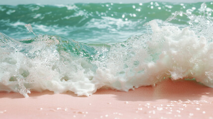 Obraz premium Gentle ocean wave crashing on a soft pink sandy beach