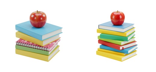 Educational event featuring colorful books and apples classroom setting still life inspirational concept. Cut out set png