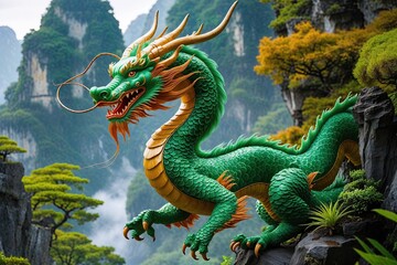 Obraz premium Vibrant Jade Dragon Wallpaper Showcasing Majestic Folklore Creature in Natural Splendor