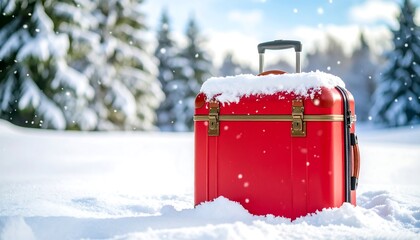 Red suitcase in snowy landscape