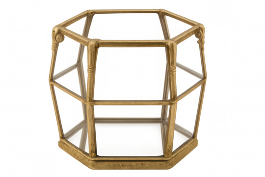 Gold metal and glass octagonal display case isolated on transparent background, creating an elegant and luxurious presentation space