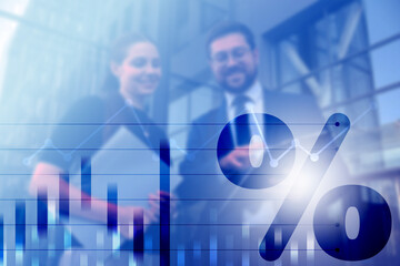 Percent sign, graph and businesspeople outdoors, double exposure