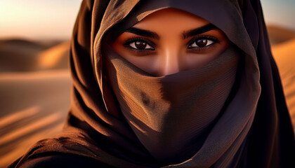 Mysterious middle eastern woman wearing a hijab staring with dark brown eyes in desert