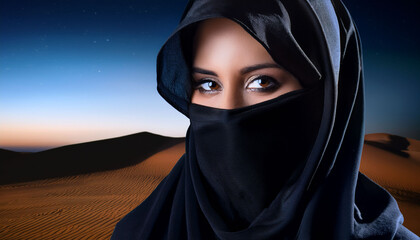 Naklejka premium Mysterious middle eastern woman wearing a Hijab staring with dark brown eyes in desert