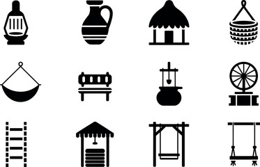 Rustic Black Glyph Icons: Village Life, Simple Style, Peaceful Mood