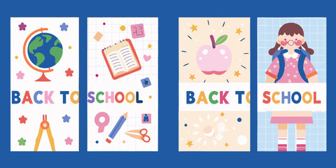 Cute back to school illustrations with school supplies and children