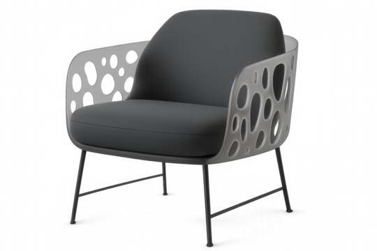 Modern gray armchair with perforated metal frame standing on transparent background, perfect for interior design projects
