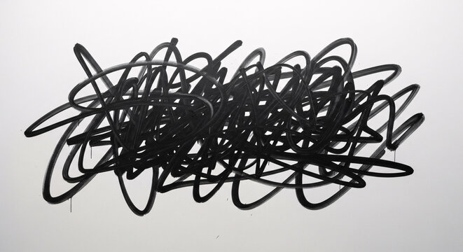 A chaotic tangle of black lines resembling graffiti art on a white background with dripping paint effect on transparent background