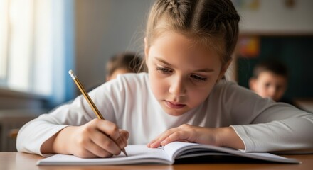 Young girl focused on writing in her notebook during a lesson