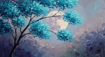 A serene blue tree under a luminous full moon at night