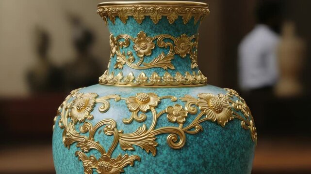 An exquisite antique blue vase adorned with intricate gold floral patterns and ornate detailing, showcasing masterful craftsmanship and timeless elegance