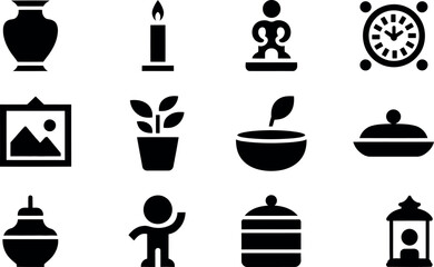 Simple Black Glyph Icons:  Home Decor,  Lifestyle,  Minimalist Style