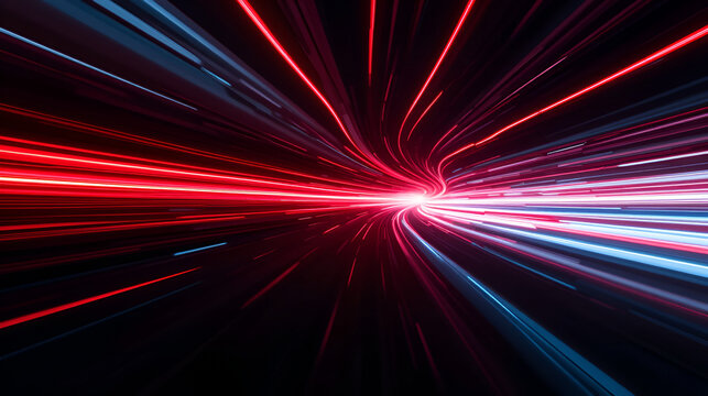 Red, white and blue abstract background with dynamic light streaks. High speed photography with motion blur and speed lines creating a panoramic redshift render on a dark blackground