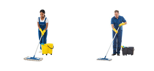 Fototapeta premium Cleaning action by professionals in a bright environment with mops and buckets. Cut out set png